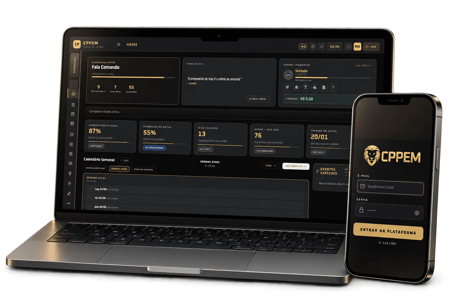 Plataforma CPPEM aberta em um notebook de alumínio e em um smartphone
