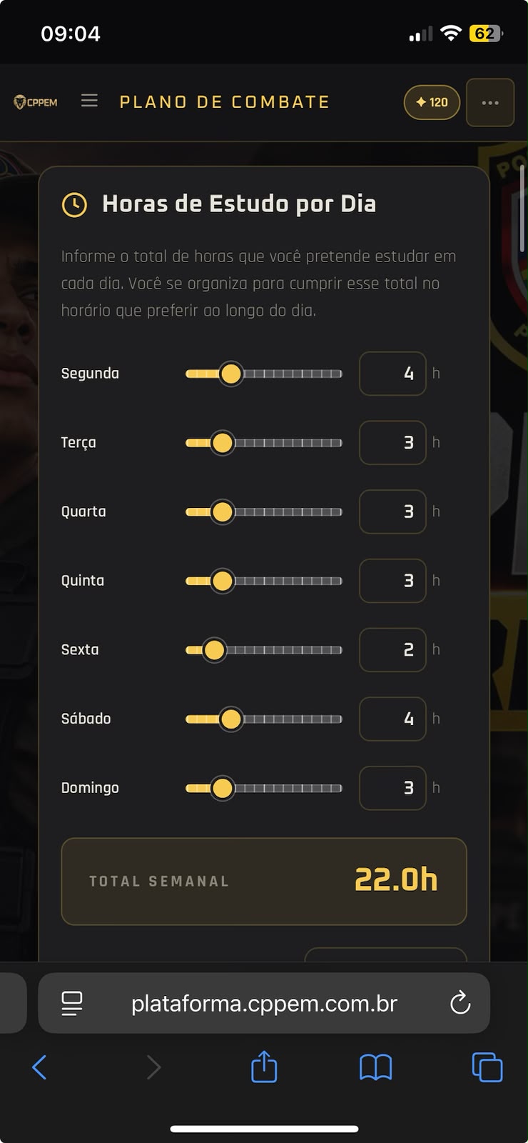 Tela do Plano de Combate com a distribuição de horas de estudo por dia